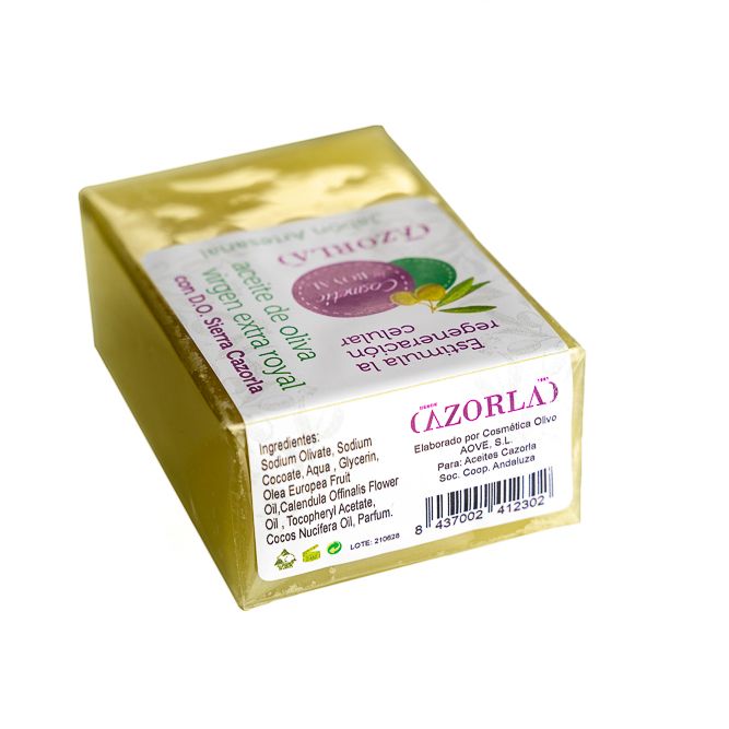 Jabón en pastilla hecho con aceite de oliva virgen extra, variedad Royal de Aceites Cazorla